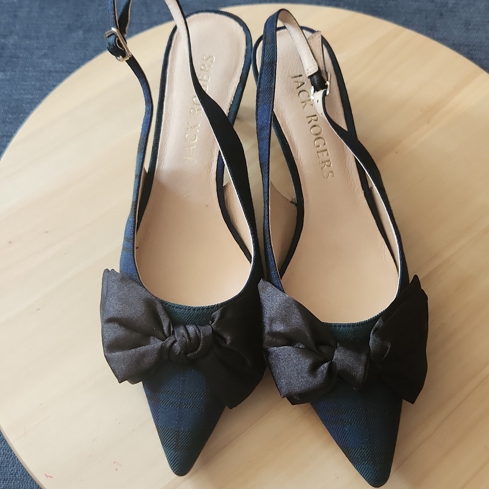 Jack Rogers Debra Tartan Plaid Satin Bow Slingback Kitten Heels Pumps size 8.5